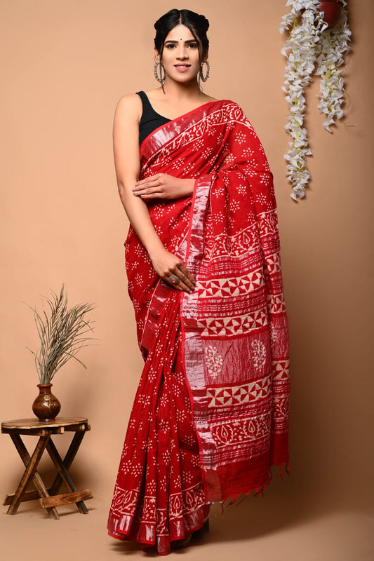 Blooming Orchid Handblock Printed Linen Saree