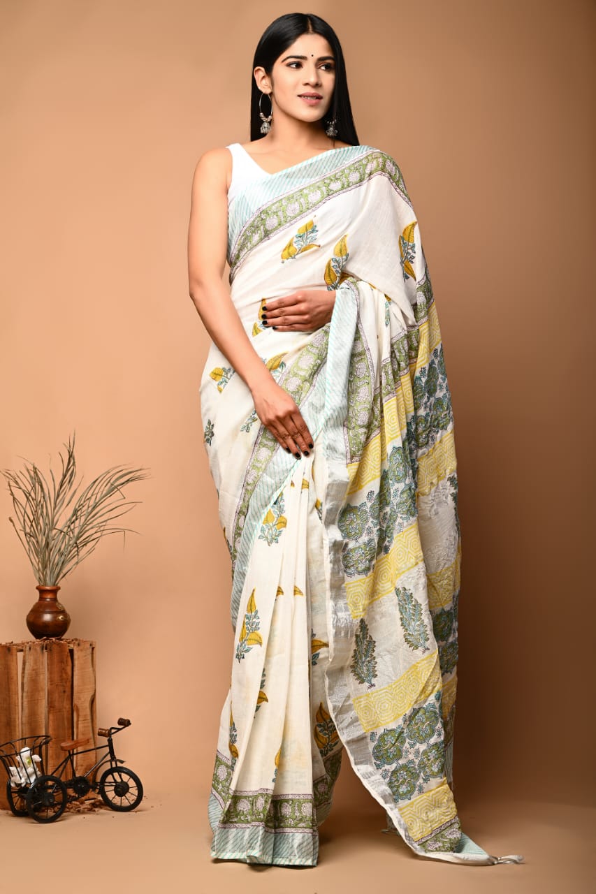 Diamond Stem Handblock Printed Linen Saree