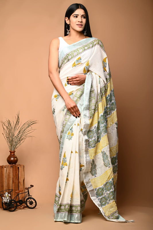 Diamond Stem Handblock Printed Linen Saree