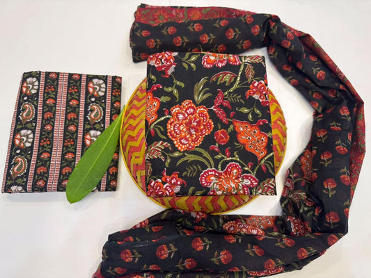 Kamalkari Flair  Handblock Printed Cotton Suit Set with mul mul Dupatta
