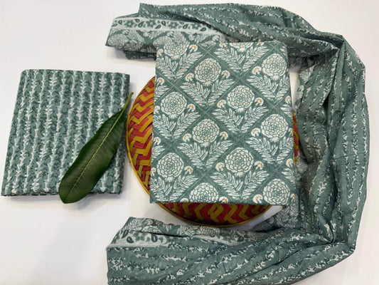Lotus Whisperer Handblock Printed Cotton Suit Set with mul mul Dupatta