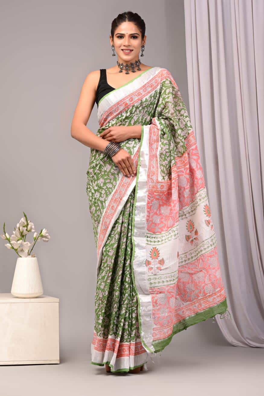 Diamond Sun Handblock Printed Linen Saree