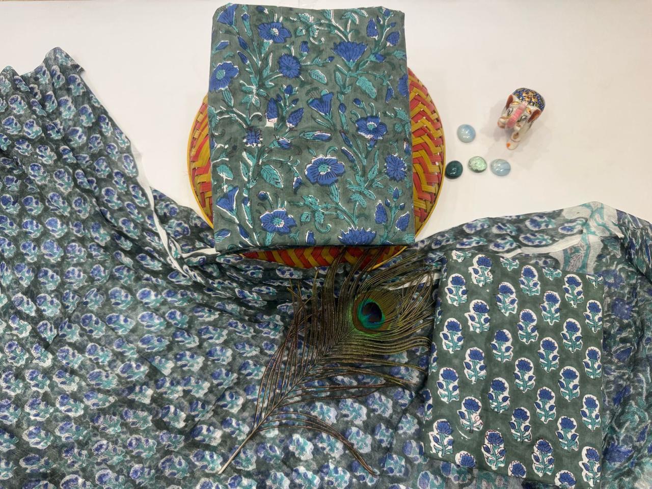 Neelpari Mist – Handblock Printed Cotton Suit Set with Chiffon Dupatta