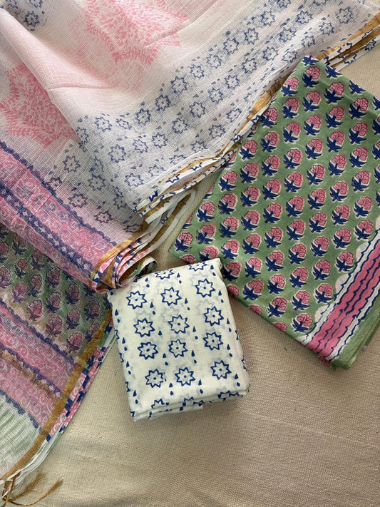 Zarbaft – Handblock Printed Cotton Suit Set with Kota Doriya Dupatta