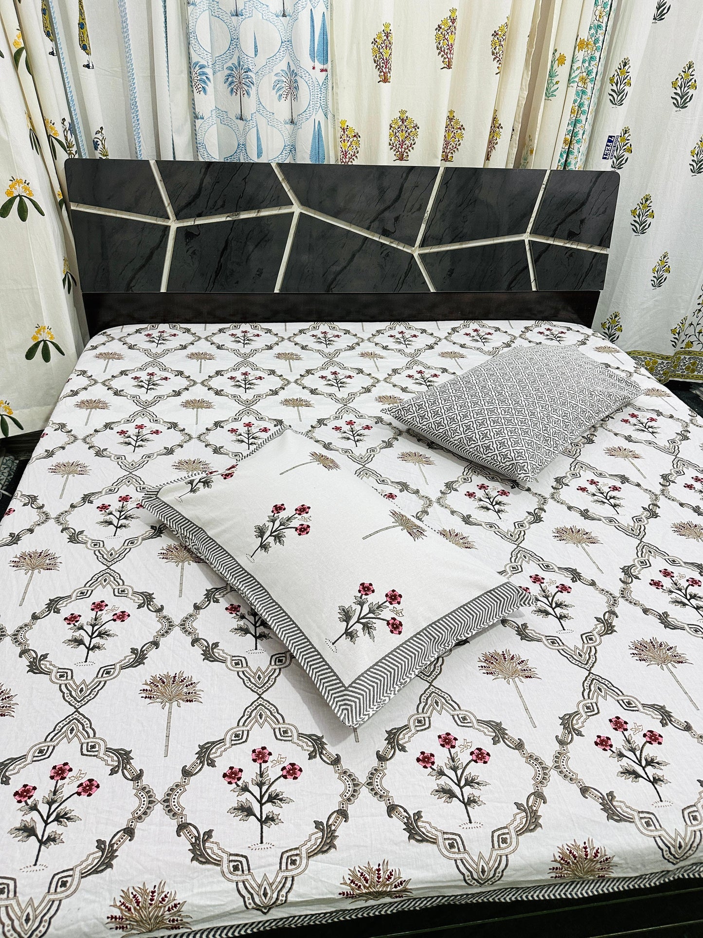 Emerald Glow Handblock Printed Bedsheet