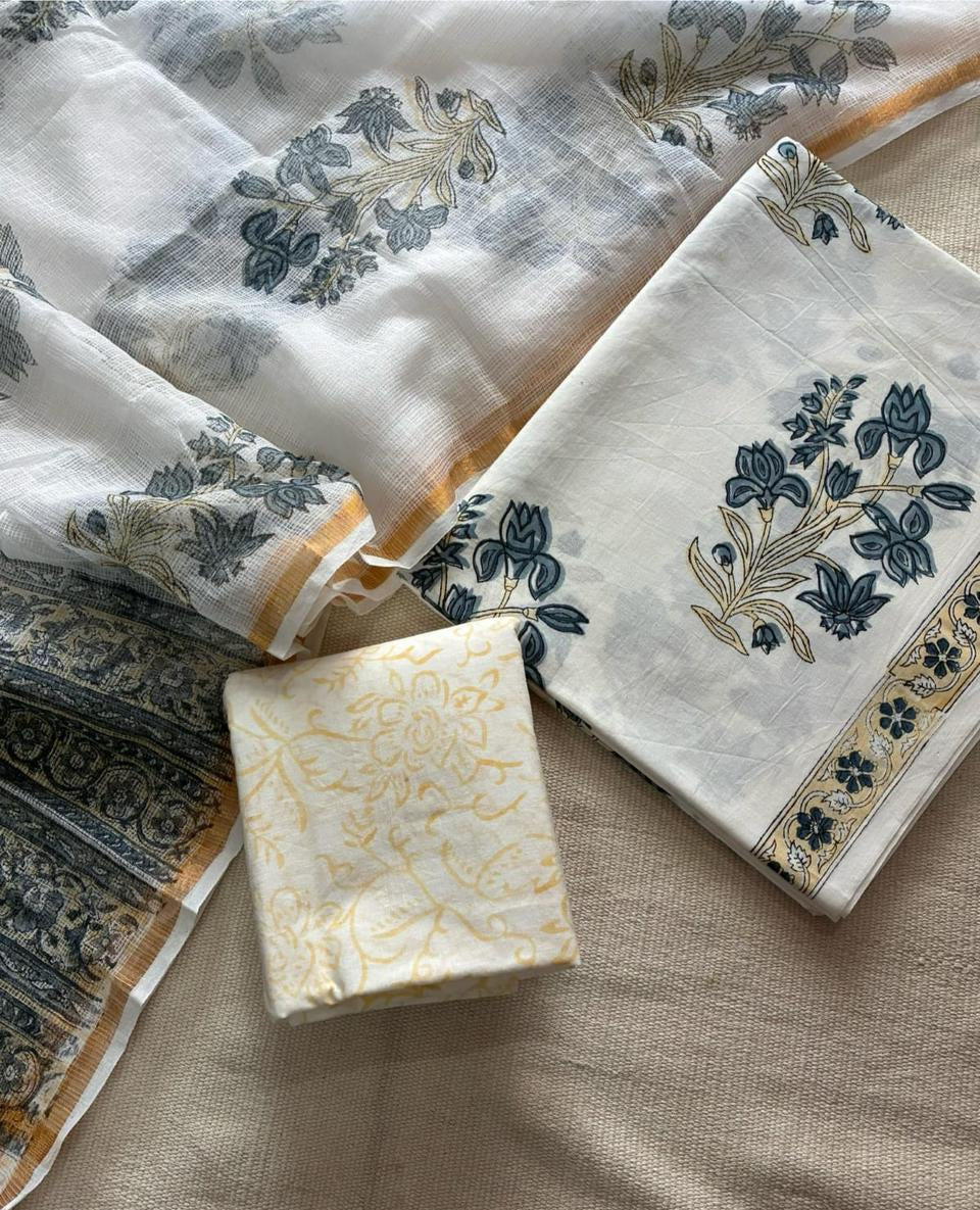 ThreadTales – Handblock Printed Cotton Suit Set with Kota Doriya Dupatta