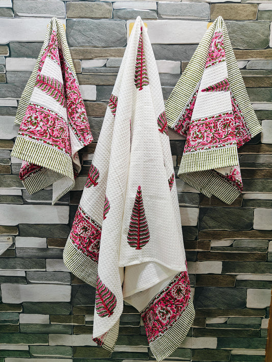 BloomWeave – Handblock Printed Waffle Towel Set