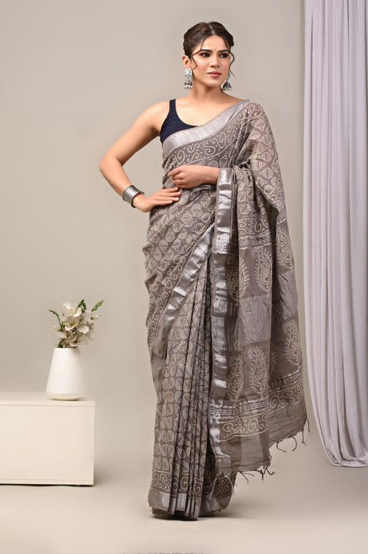 Sunset Petal Handblock Printed Linen Saree