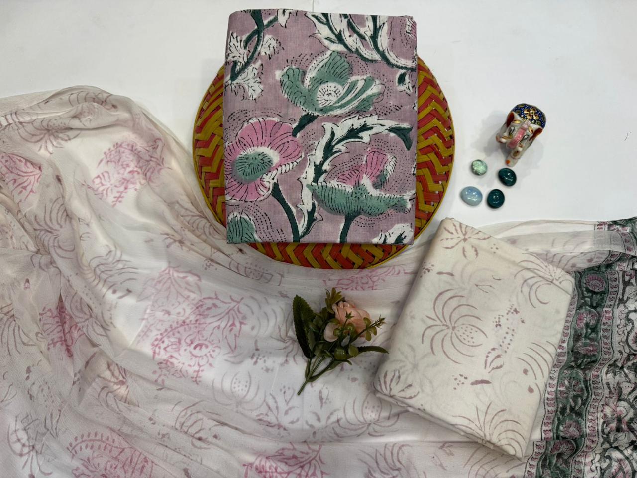 Ibtida Imprint – Handblock Printed Cotton Suit Set with Chiffon Dupatta
