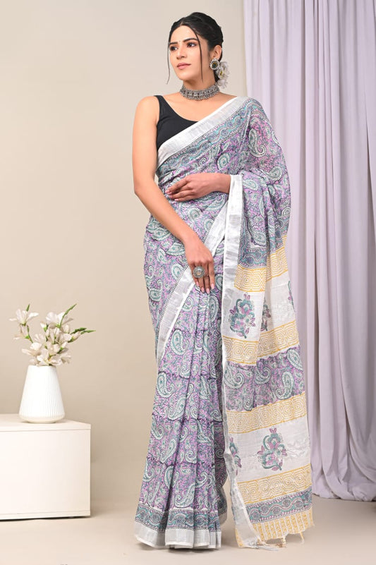 Rose Whisper Handblock Printed Linen Saree