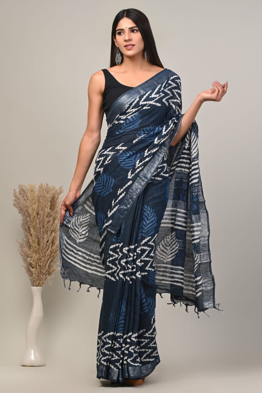 ChandanChhaap – Handblock Printed Linen Saree