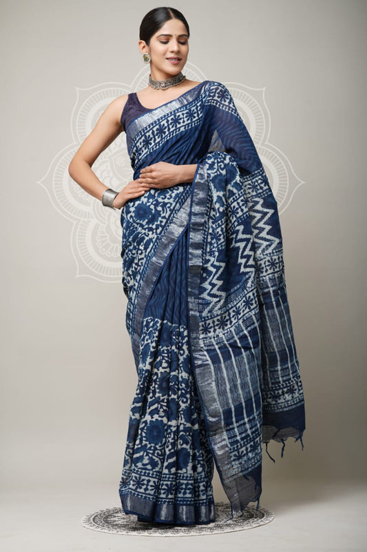 Forest Valley Handblock Printed Linen Saree