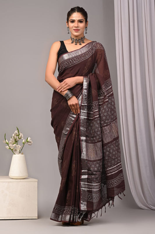 Sunrise Glow Handblock Printed Linen Saree