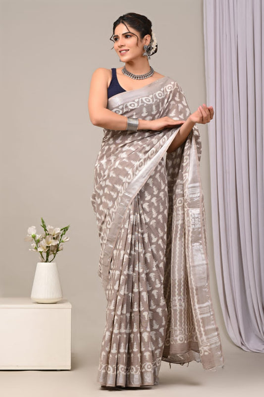 Coral Fern Handblock Printed Linen Saree