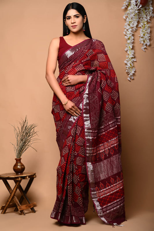 Mystical Sun Handblock Printed Linen Saree