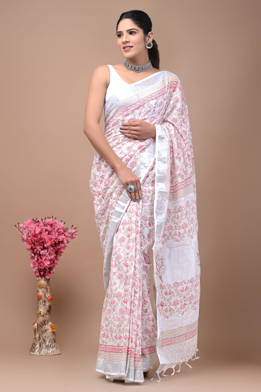 Amber Wave Handblock Printed Linen Saree