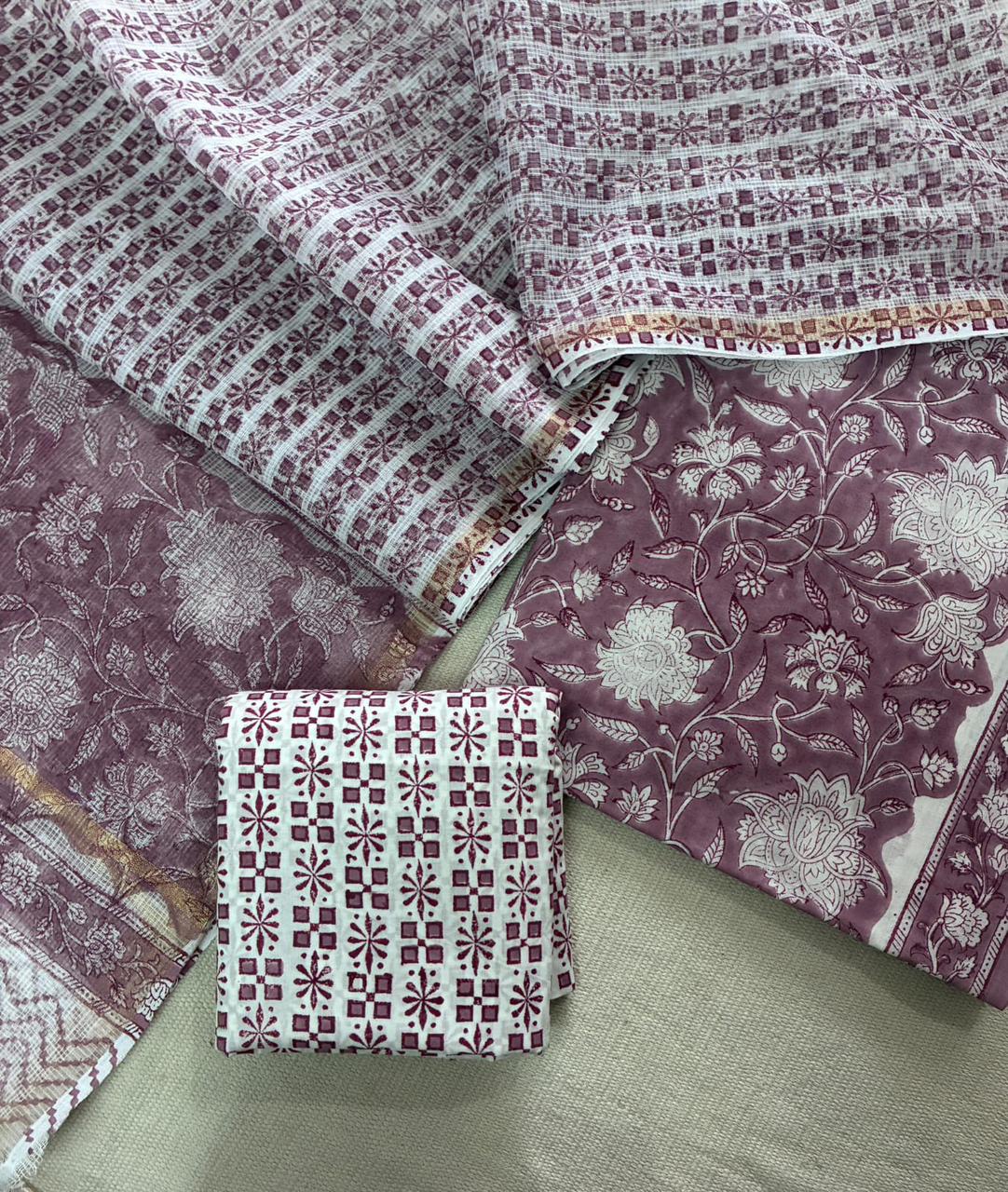 Peeliya - Handblock Printed Cotton Suit Set with Kota Doriya Dupatta