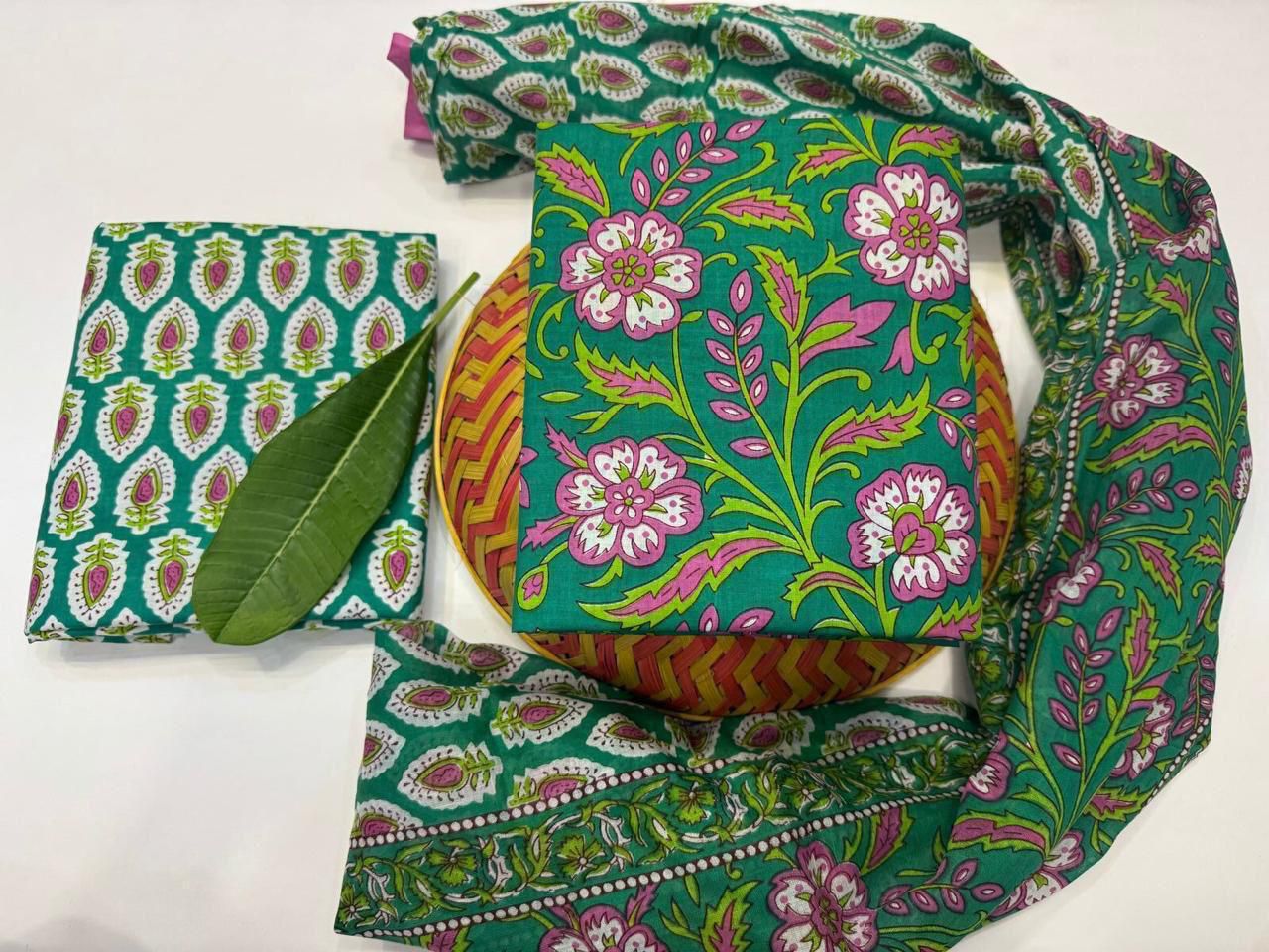 Breeze Flora Handblock Printed Cotton Suit Set with mul mul Dupatta