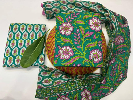 Breeze Flora Handblock Printed Cotton Suit Set with mul mul Dupatta